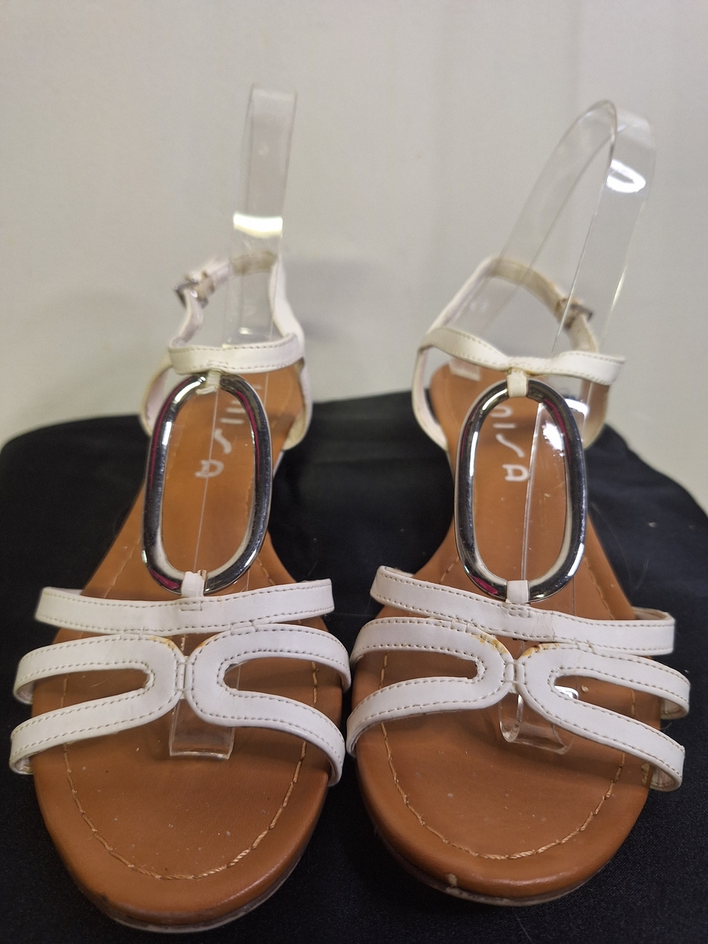 Unisa White T-Strap Sandals with Silver Oval Accent Size 7